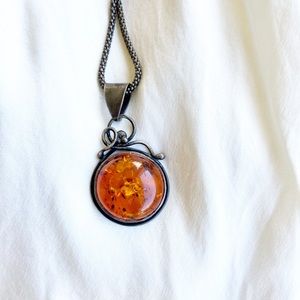 Sterling Silver Artisan Amber Pendant Baltic Swirl Chain
